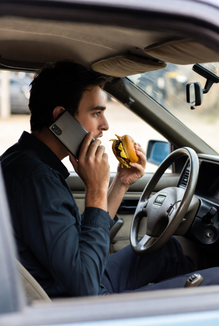 man driving car while talking on phone eating hamburger image created with Grok AI
