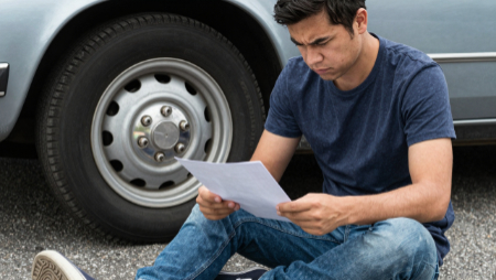 man sitting on the ground beside his car frowning at a document generated with Z-Image