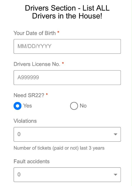 online quote form requesting sr22